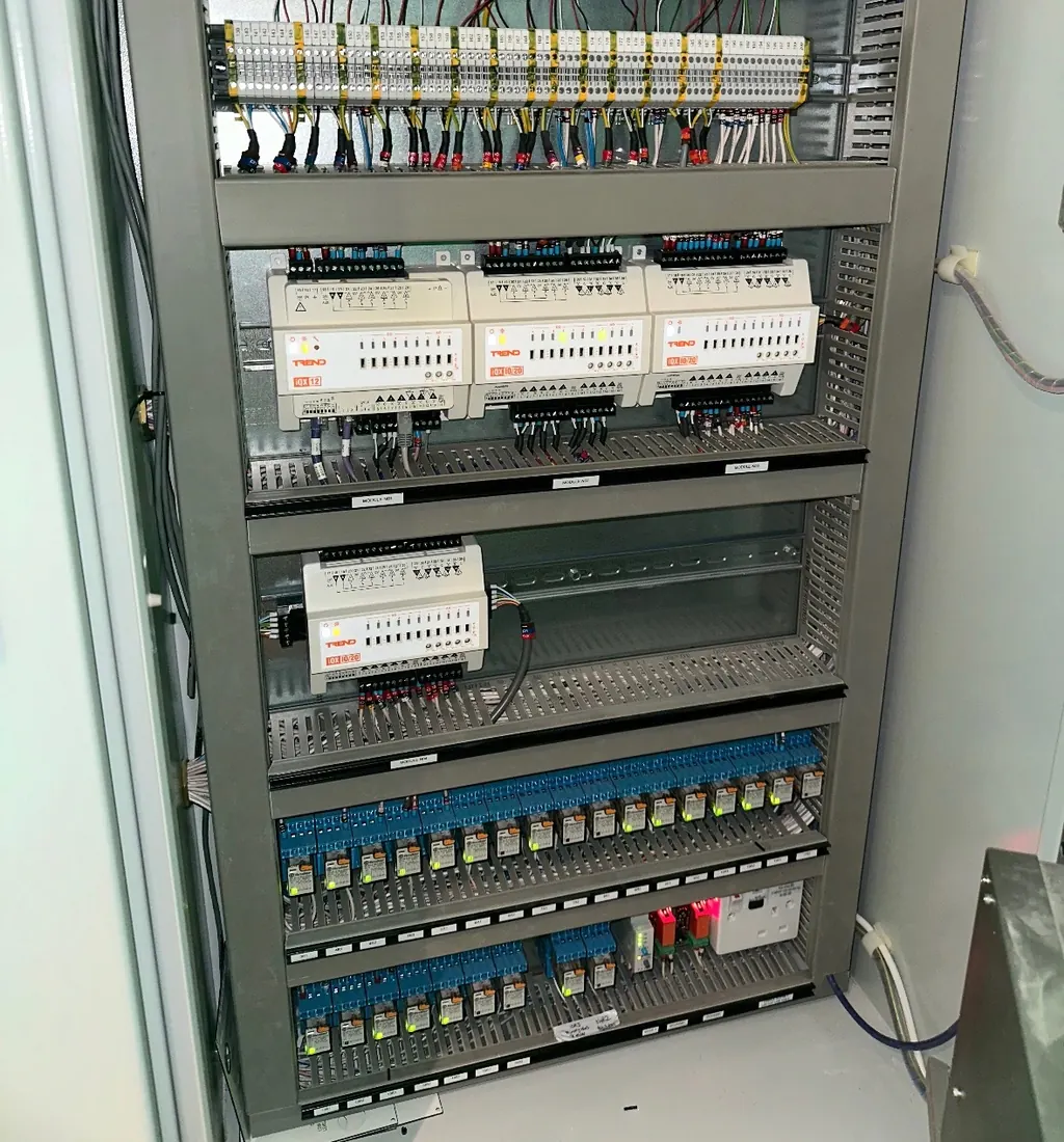 Trend IQX/12 and IQX/20 controller array with relay banks — BMS panel inspected by OD Controls during a Canary Wharf fault-find